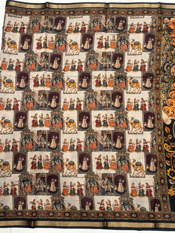 Ajrakh With Kalamkari Design Hand Block Print Maslin Soft Silk Saree M1