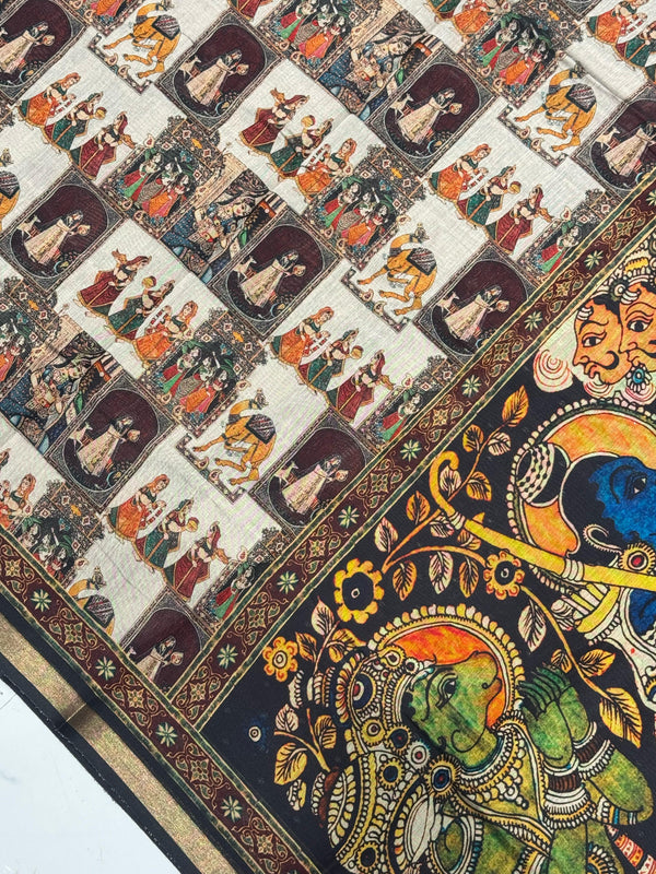 Ajrakh With Kalamkari Design Hand Block Print Maslin Soft Silk Saree M1