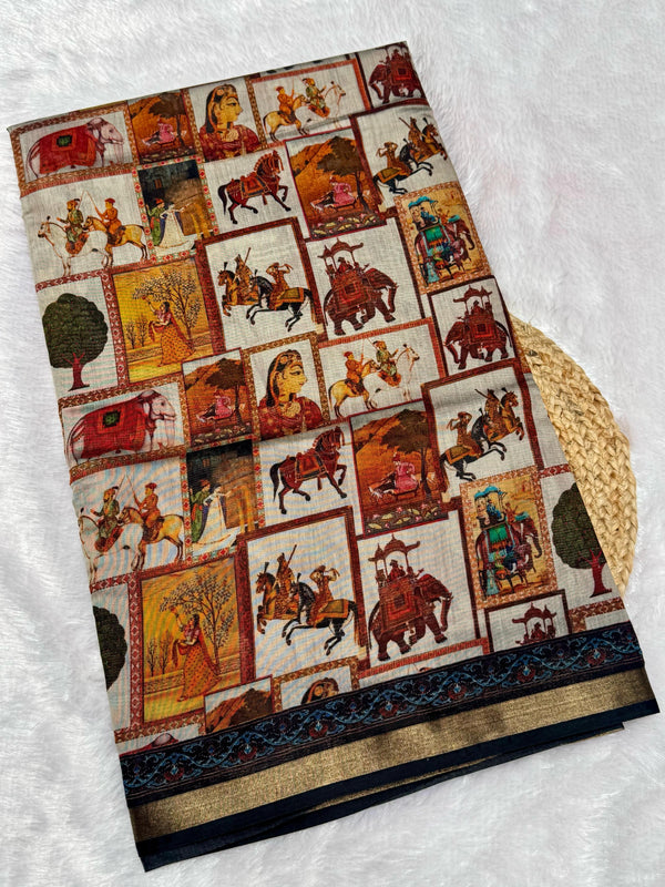 Ajrakh With Kalamkari Design Hand Block Print Maslin Soft Silk Saree M2
