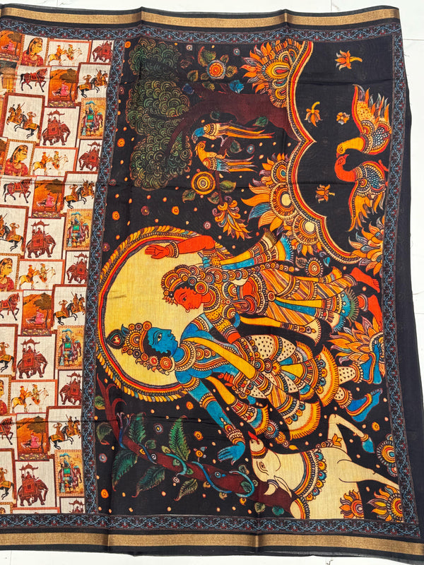 Ajrakh With Kalamkari Design Hand Block Print Maslin Soft Silk Saree M2