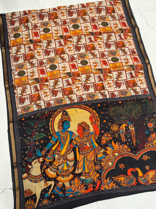 Ajrakh With Kalamkari Design Hand Block Print Maslin Soft Silk Saree M2