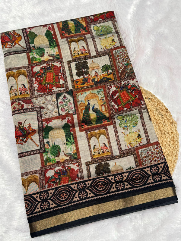 Ajrakh With Kalamkari Design Hand Block Print Maslin Soft Silk Saree M3