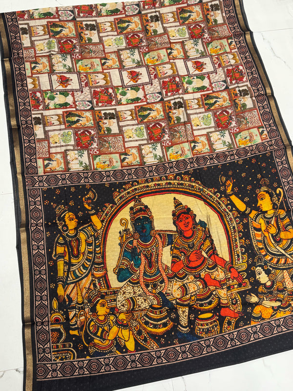 Ajrakh With Kalamkari Design Hand Block Print Maslin Soft Silk Saree M3