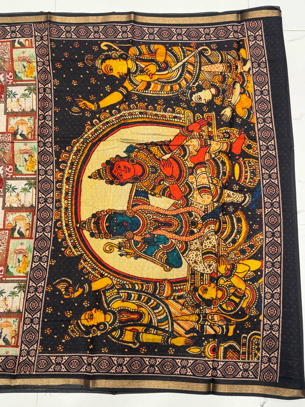 Ajrakh With Kalamkari Design Hand Block Print Maslin Soft Silk Saree M3