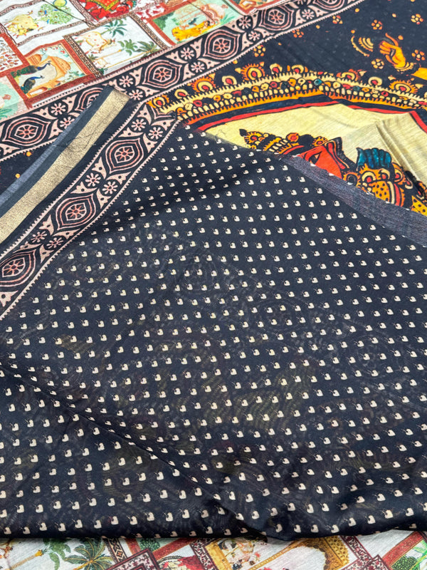 Ajrakh With Kalamkari Design Hand Block Print Maslin Soft Silk Saree M3