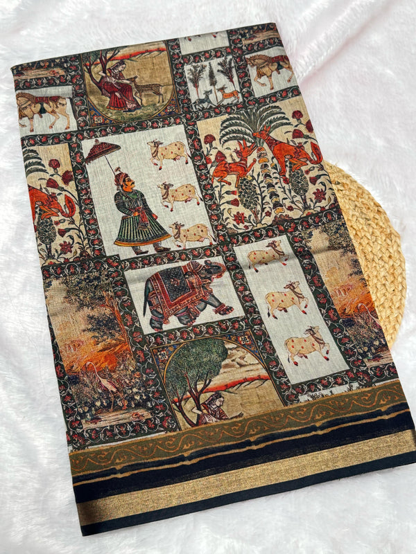 Ajrakh With Kalamkari Design Hand Block Print Maslin Soft Silk Saree M4