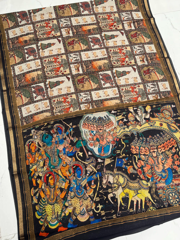 Ajrakh With Kalamkari Design Hand Block Print Maslin Soft Silk Saree M4