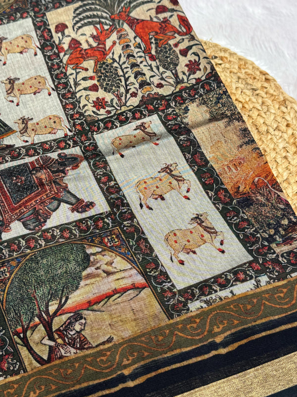 Ajrakh With Kalamkari Design Hand Block Print Maslin Soft Silk Saree M4