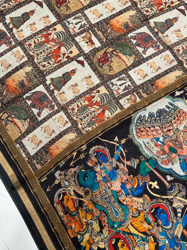 Ajrakh With Kalamkari Design Hand Block Print Maslin Soft Silk Saree M4