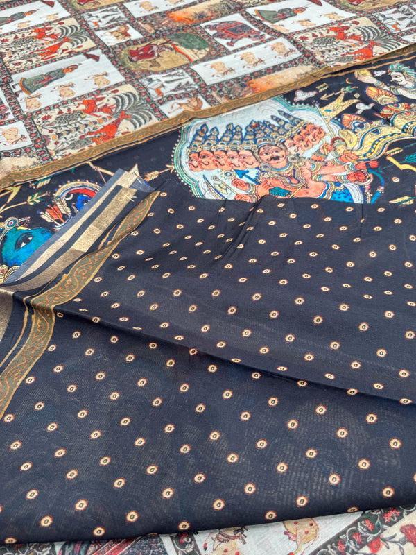 Ajrakh With Kalamkari Design Hand Block Print Maslin Soft Silk Saree M4