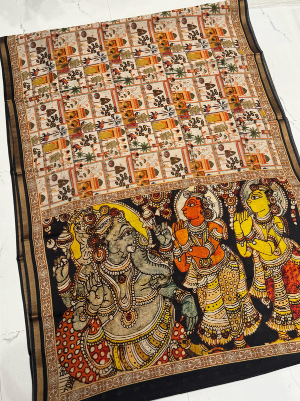 Ajrakh With Kalamkari Design Hand Block Print Maslin Soft Silk Saree M5