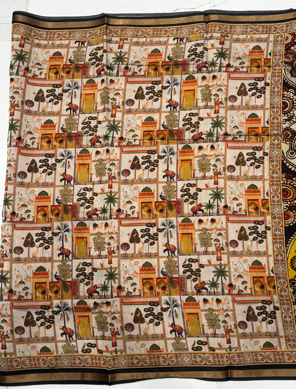 Ajrakh With Kalamkari Design Hand Block Print Maslin Soft Silk Saree M5