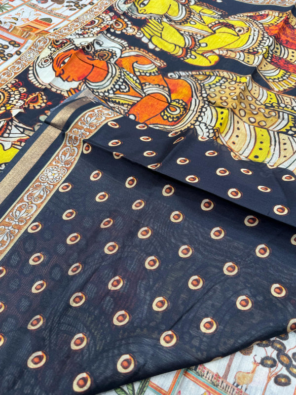 Ajrakh With Kalamkari Design Hand Block Print Maslin Soft Silk Saree M5