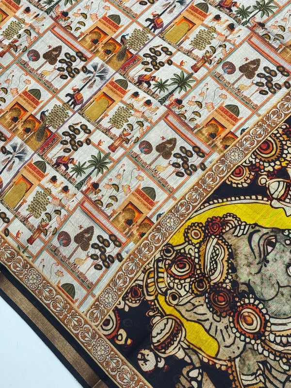 Ajrakh With Kalamkari Design Hand Block Print Maslin Soft Silk Saree M5