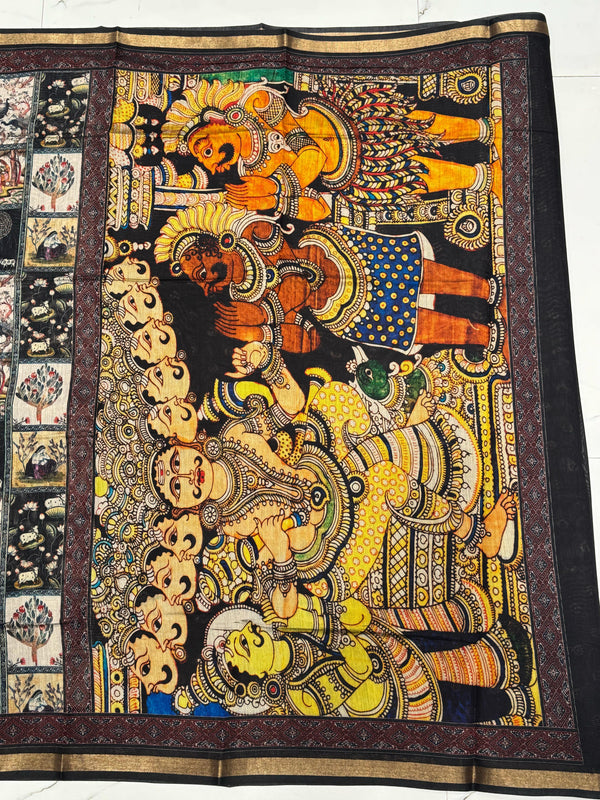 Ajrakh With Kalamkari Design Hand Block Print Maslin Soft Silk Saree M4