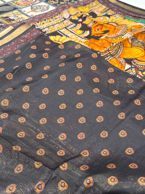 Ajrakh With Kalamkari Design Hand Block Print Maslin Soft Silk Saree M6