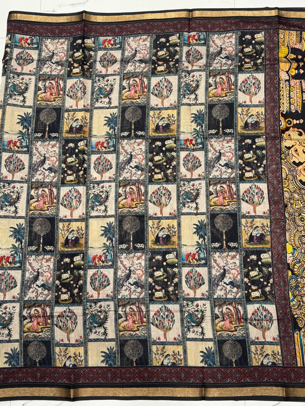 Ajrakh With Kalamkari Design Hand Block Print Maslin Soft Silk Saree M6