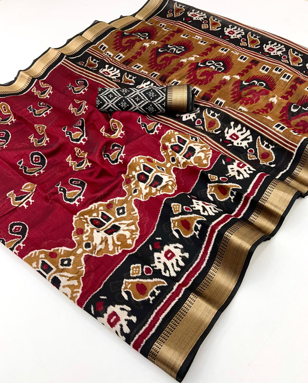 Anemones Maroon Woven Mul Cotton Saree With Blouse