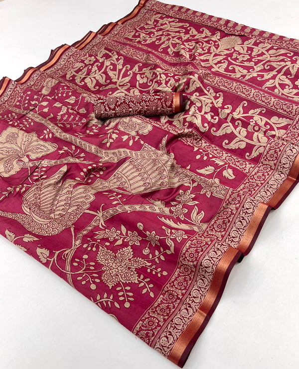 Barbie Pink Pure Maslin Silk Saree With Stylish Blouse Piece