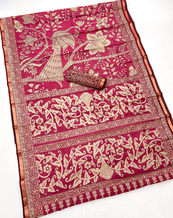 Barbie Pink Pure Maslin Silk Saree With Stylish Blouse Piece