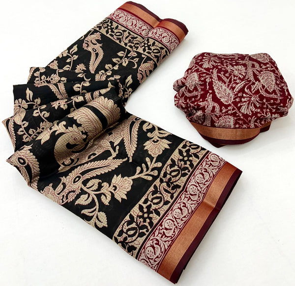 Almost Black Mul Mul cotten Soft Silk saree With Evocative Blouse Piece