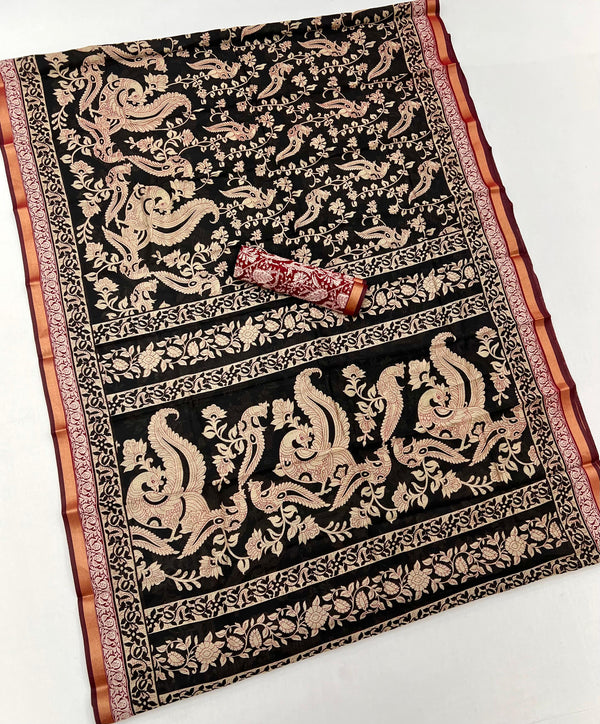 Almost Black Mul Mul cotten Soft Silk saree With Evocative Blouse Piece