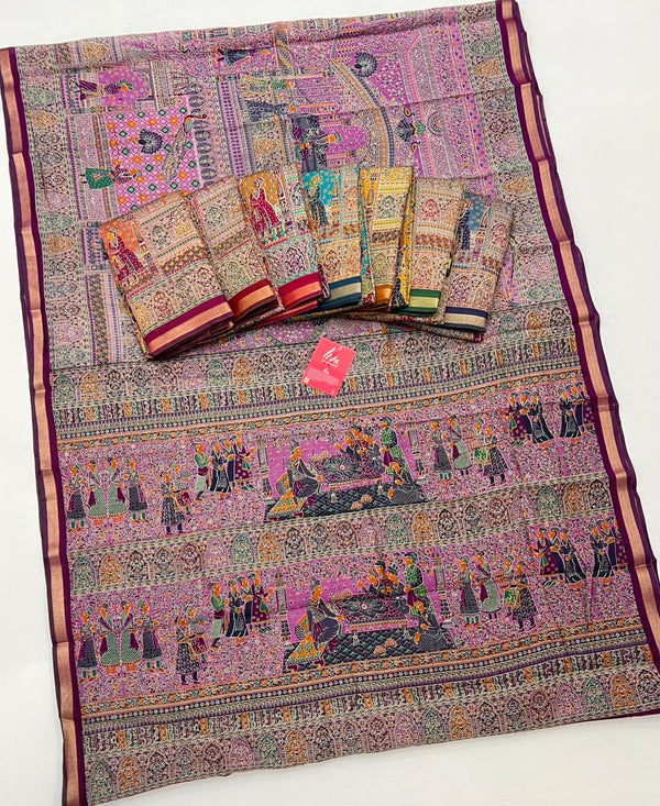 Bee Yellow With Border Ajrakh Kalamkari Pure Maslin Silk Saree