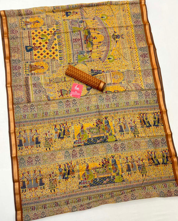 Bee Yellow With Border Ajrakh Kalamkari Pure Maslin Silk Saree