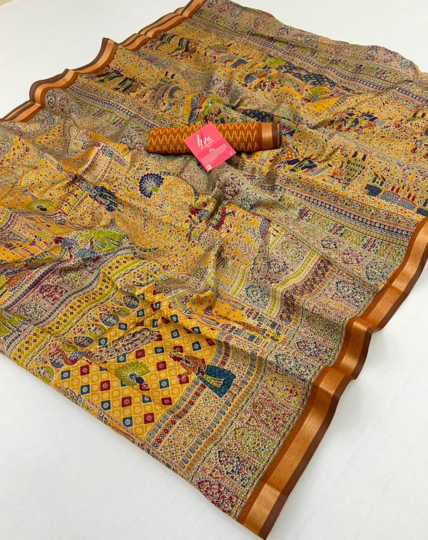 Bee Yellow With Border Ajrakh Kalamkari Pure Maslin Silk Saree