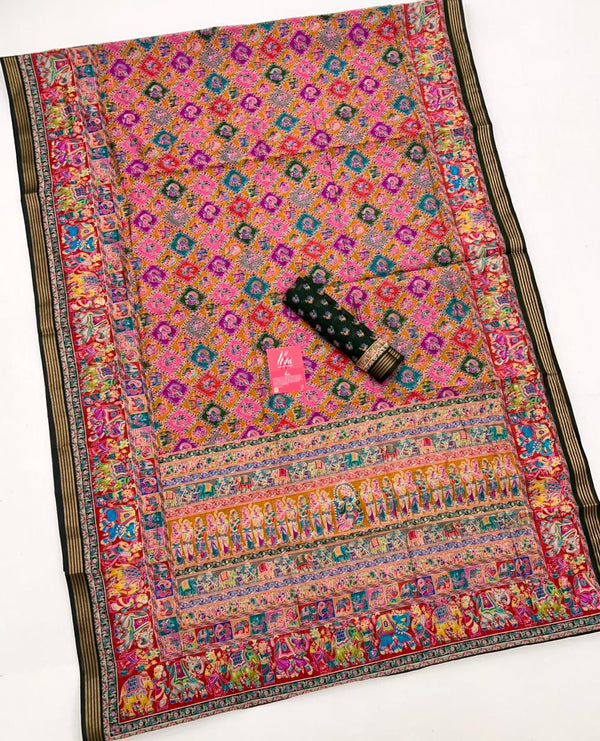 Ajrakh Kalamkari Pure Maslin Silk Saree With Evocative Blouse Piece