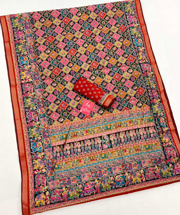 Ajrakh Kalamkari Pure Maslin Silk Saree With Evocative Blouse Piece