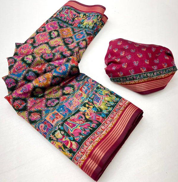 Ajrakh Kalamkari Pure Maslin Silk Saree With Evocative Blouse Piece