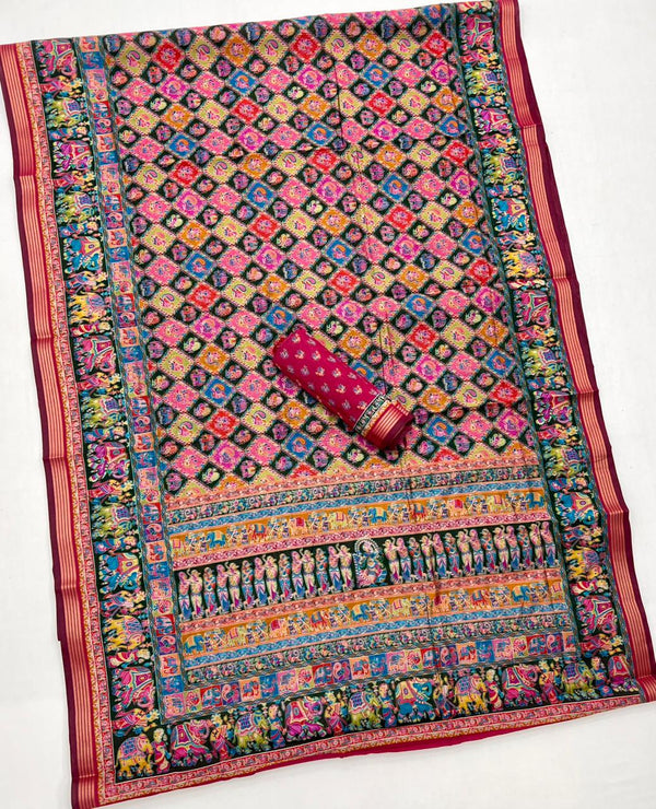 Ajrakh Kalamkari Pure Maslin Silk Saree With Evocative Blouse Piece