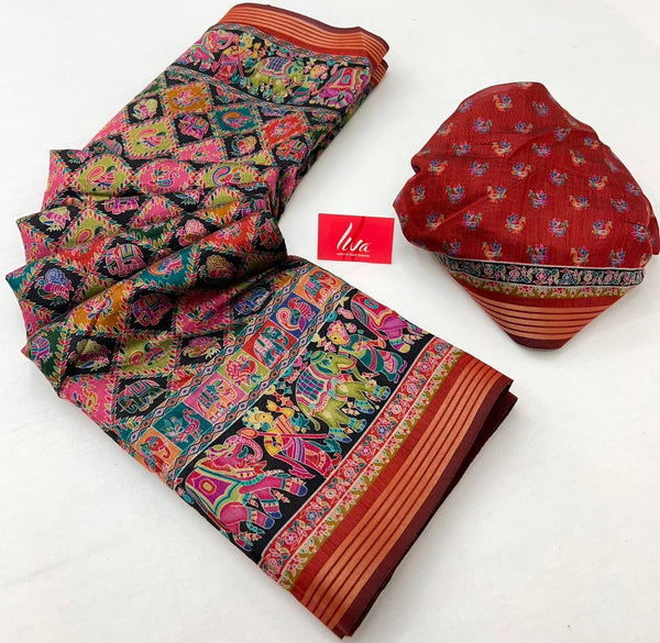 Ajrakh Kalamkari Pure Maslin Silk Saree With Evocative Blouse Piece