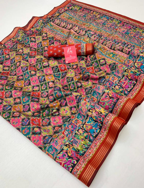 Ajrakh Kalamkari Pure Maslin Silk Saree With Evocative Blouse Piece