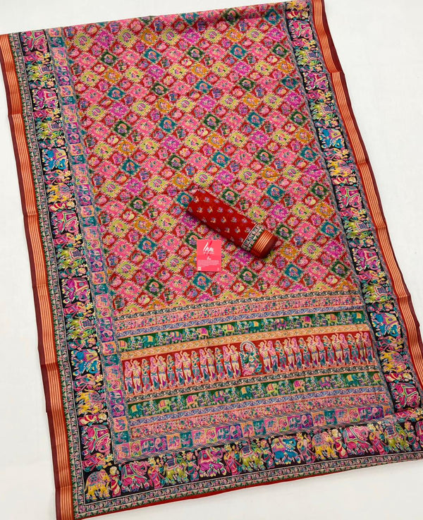 Ajrakh Kalamkari Pure Maslin Silk Saree With Evocative Blouse Piece