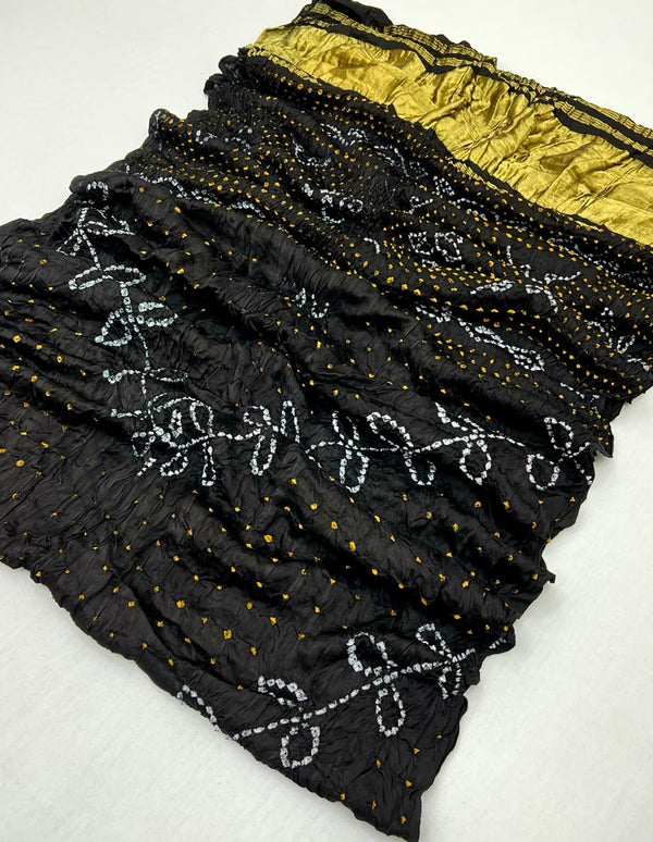 Beautiful Black Pure Bandhni Zari Pallu Modal Soft Silk Saree With Blouse