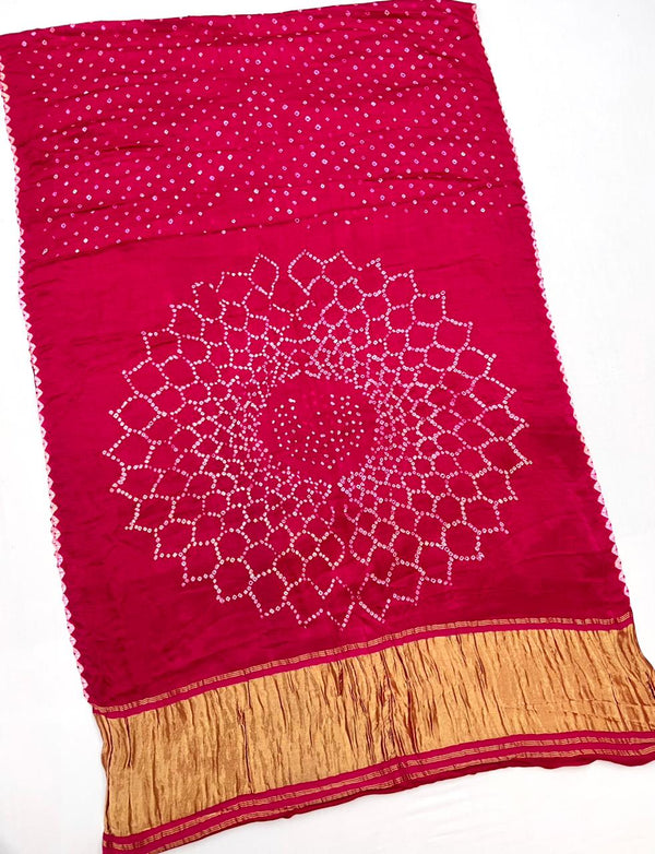 A glam Rose Red Pure Bandhni Zari Pallu Modal Soft Silk Saree With Blouse