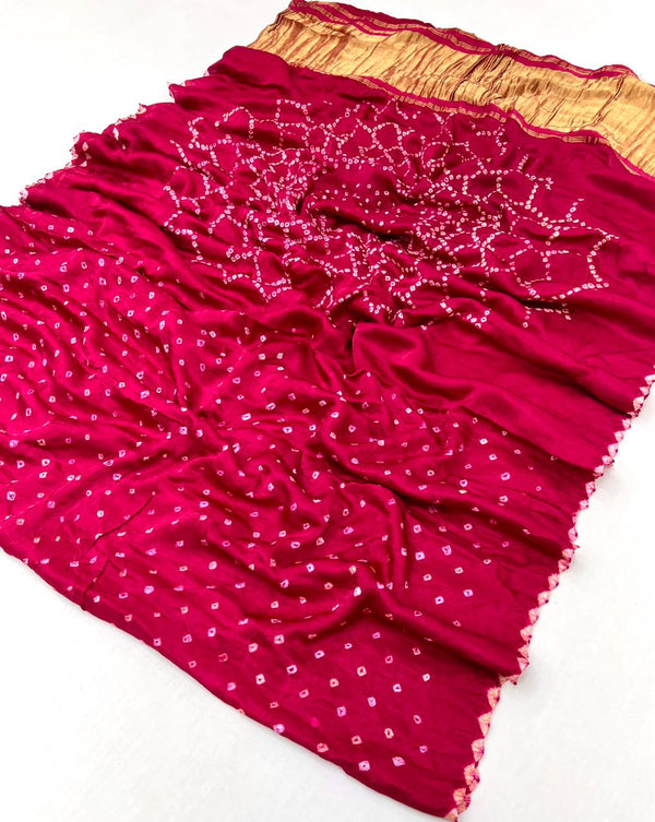 A glam Rose Red Pure Bandhni Zari Pallu Modal Soft Silk Saree With Blouse