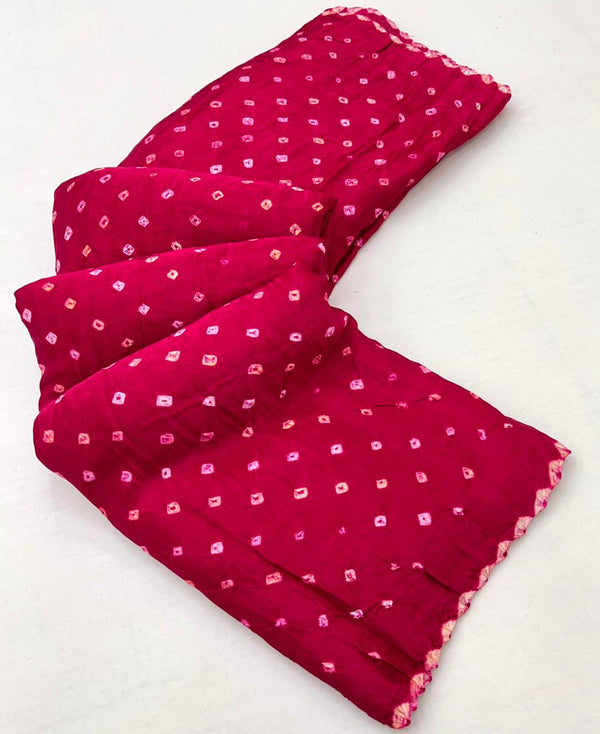 A glam Rose Red Pure Bandhni Zari Pallu Modal Soft Silk Saree With Blouse