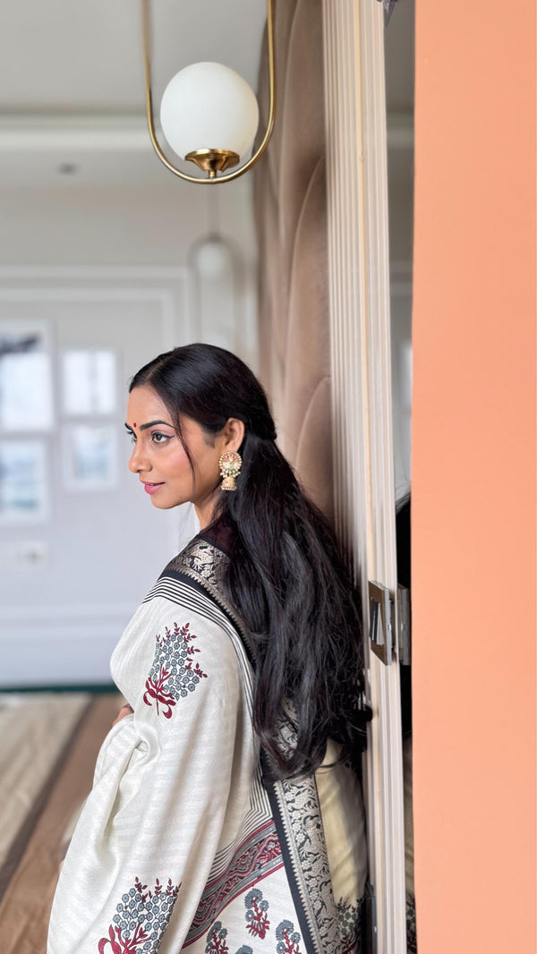 Amazing Black And Cream Ajrakh Kashmiri Modal silk Buta Leriya Saree