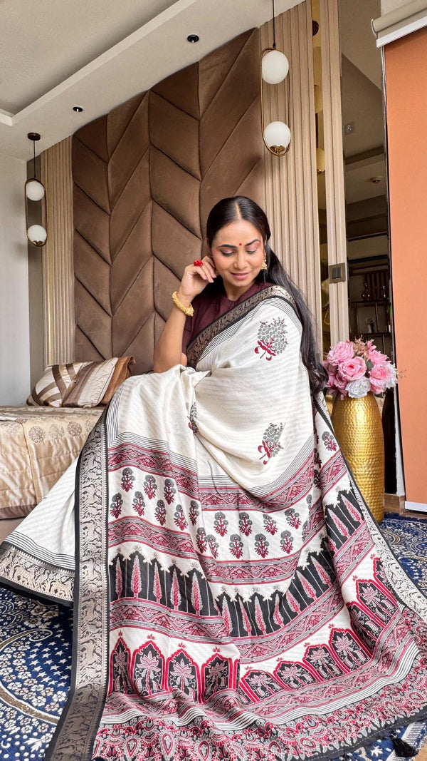 Amazing Black And Cream Ajrakh Kashmiri Modal silk Buta Leriya Saree