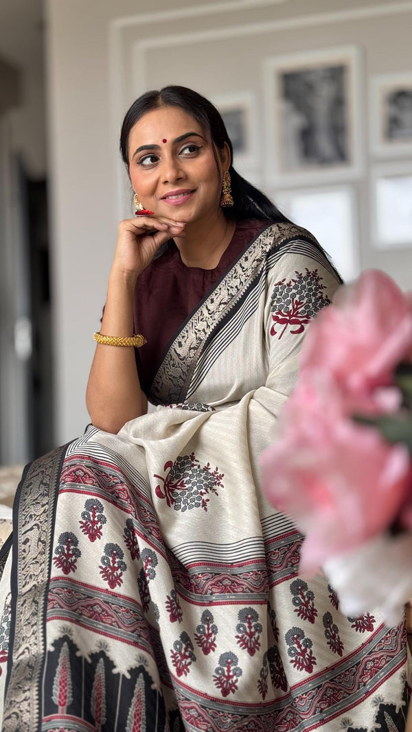 Amazing Black And Cream Ajrakh Kashmiri Modal silk Buta Leriya Saree