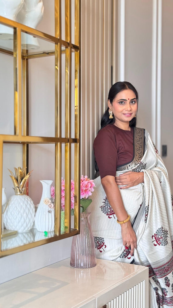 Amazing Black And Cream Ajrakh Kashmiri Modal silk Buta Leriya Saree