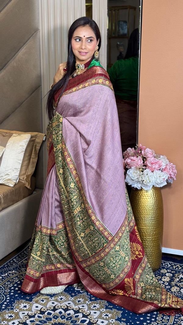 Alluring Hot Pink Ajrakh Kashmiri Modal silk Saree