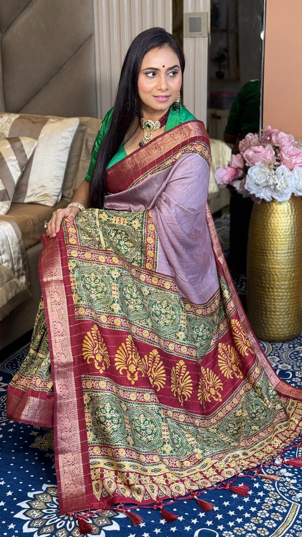 Alluring Hot Pink Ajrakh Kashmiri Modal silk Saree