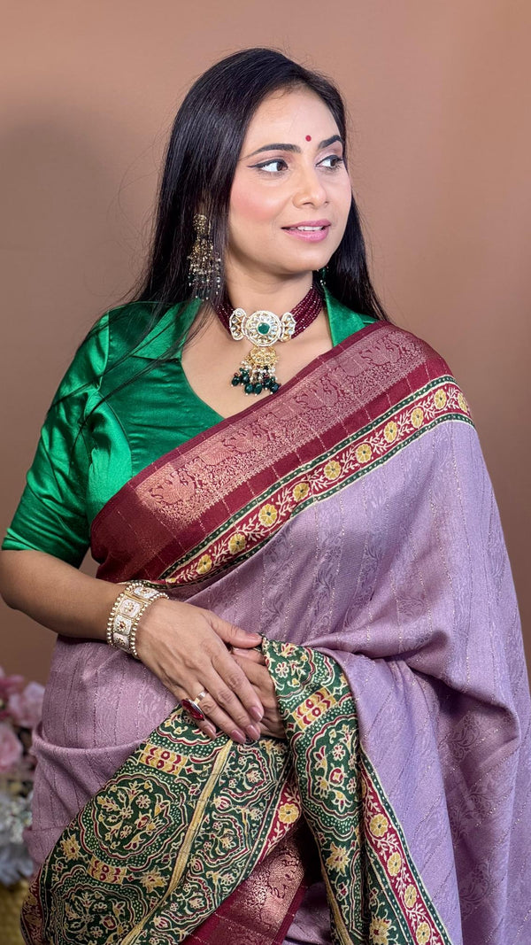 Alluring Hot Pink Ajrakh Kashmiri Modal silk Saree