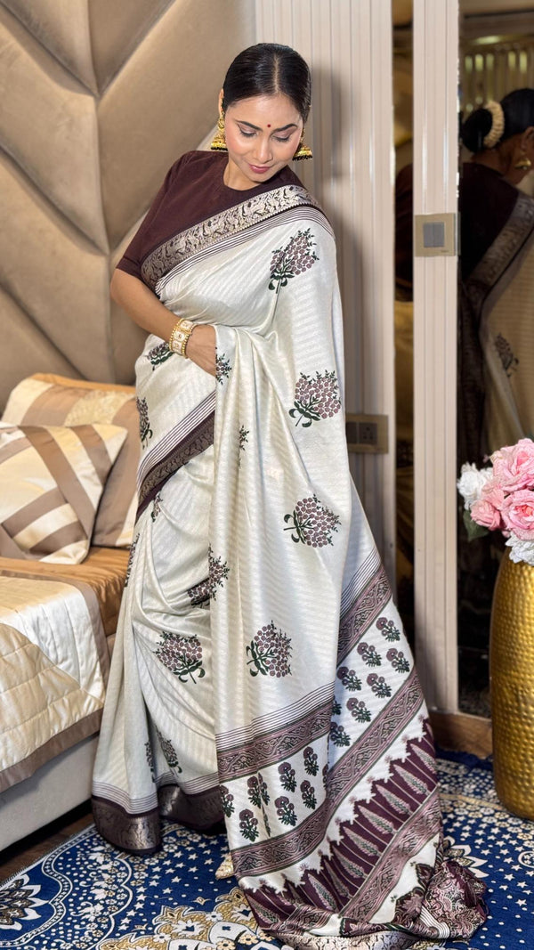 Adorable Wine And Cream Ajrakh Kashmiri Modal silk Buta Leriya Saree