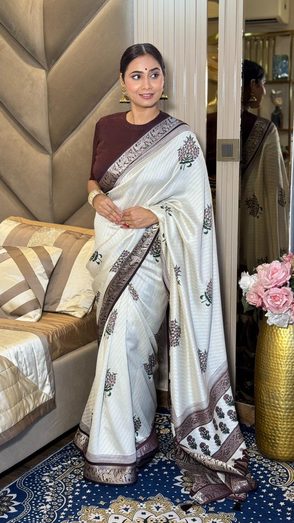 Adorable Wine And Cream Ajrakh Kashmiri Modal silk Buta Leriya Saree