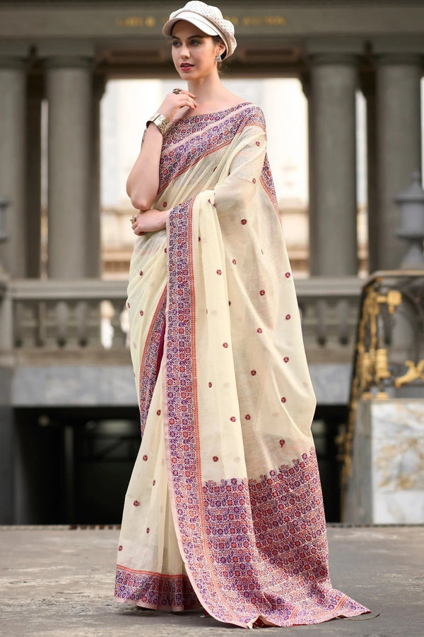 Almond Cream Handloom Linen Cotton Saree Designer Blouse